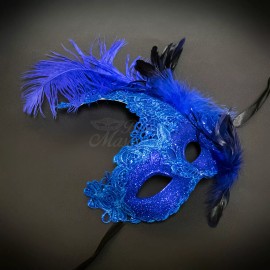 Women's Venetian Mardi Gras Masquerade Ball Mask with Feathers [Royal Blue]