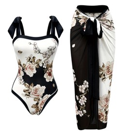 Xumplo Women's Swimming Costume 2 Piece Swimwear Floral Adjustable Bow-Tie Shoulders Matching Cover Up Skirt Swimsuits Bathing Suit-S Black