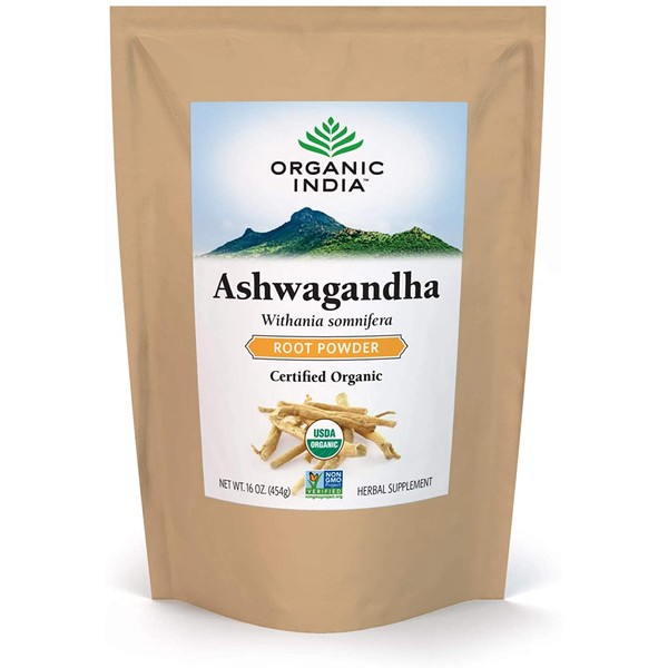 Organic India Ashwagandha Herbal Powder - Stress-Relief, Vegan, Gluten-Free, Kosher, USDA Certified Organic, Non-GMO, Uplift Mood, Supports Endurance, Vitality & Strength - 1 lb Bag
