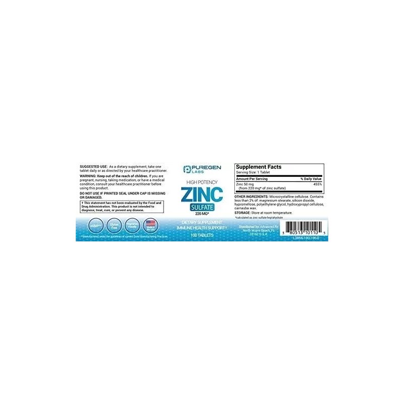 Puregen Labs Zinc Sulfate 220 mg Dietary Supplement 100 Tablets