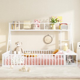 espidoo Full Size Montessori Floor Bed: Metal Kids Bed with Safety Fence & Storage - Modern White Playhouse for Toddlers & Children - Includes Desk & Shelves for Toys & Books - CPC Certified