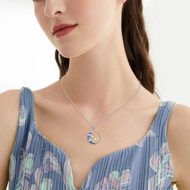 VONALA Wave Necklace 925 Sterling Silver Sun Sunset Necklace Ocean Wave Surfer Pendant Beach Jewelry Gifts for Women