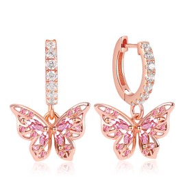 Gnoce Butterfly Hanging Earrings Sterling Silver Rose Gold Hoop Earrings with Zirconia Fashion Drop Earrings Jewellery for Women Girls, Silver