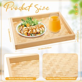 Vicenpal 4 Pcs Bamboo Wicker Serving Trays for Foods & Drinks, Rectangular Flat Baskets Trays, Decorative Bamboo Basket Tray for Dinner Coffee Table Picnic Fruit Snack Holder Bed Eating