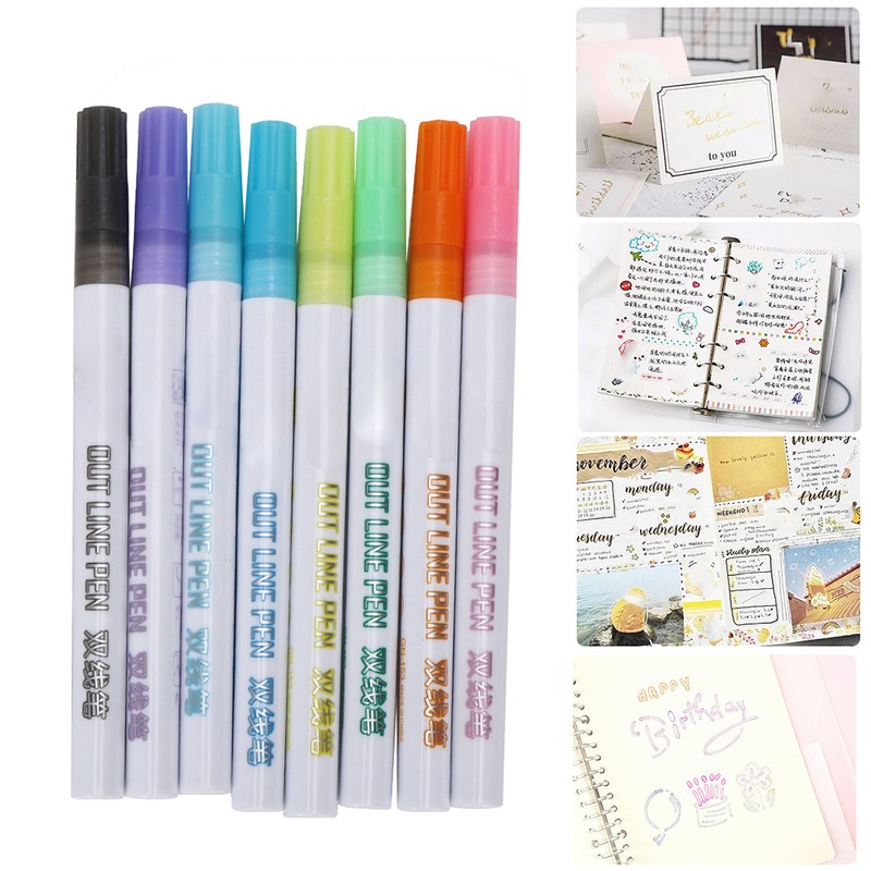 8Pcs Double Line Pen Color DIY Drawing Marker Highlighter Stationery