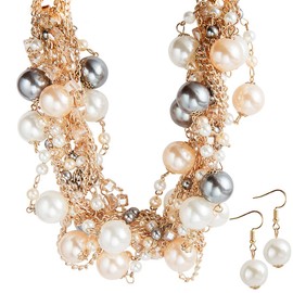 IPINK Fashion Charm Jewelry Pendant Faux Pearl Choker Chunky Statement bib Necklace and Earrings Set