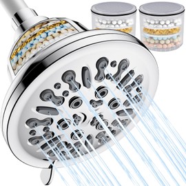 Ryamen Shower Head with Filter, Filtered Shower Head for Hard Water, 5.5" High Pressure Rainfall Fixed Showerhead with 6 Spray Settings, Water Softener Remove Chlorine, Filter Cartridge-2 Pack, Silver