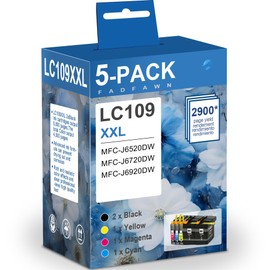 LC109 XXL Ink Cartridges Super High Yield 5-Pack (105C 105M 105Y, 2 x 109BK XXL) Compatible LC109 LC105 Replacement for Brother LC109 Ink Work with Inkjet MFCJ6520DW MFCJ6720DW MFCJ6920DW Printer