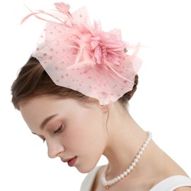 Viiotu Elegant Womens Wedding Fascinator Hat – Feather Mesh Flower Headpiece with Headband & Hair Clip, Stylish Bridal Party Tea Party Hat (Pink, OneSize)
