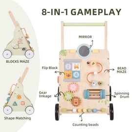 OOOK Wooden Baby Walker with Wheels, Montessori Baby Push Walker, Sit to Stand Walker for Baby Boy 6-12 Months, Toddler Standing Activity Center for Boys and Girls