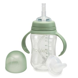 nouka Tritan Plastic Transitional Sippy Cup with Weighted Straw | Leak Proof and Easy Grip | Removable Handles | Moss