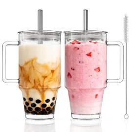 KEMORELA 24oz Clear Glass Tumbler with Handle, Lid & 13mm Stainless Steel Straws,2 set–Wide-Mouth Reusable Glass Cups for Cold & Hot Drinks, Ideal for Boba,Smoothies, Iced Coffee & Juice, Travel Cup