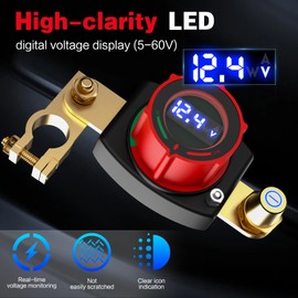 2025 New Top Post Battery Disconnect Switch with Voltmeter, 5-60V Master Isolator Kill Switch Kit - Car Battery Disconnect Switch for Car, RV, Boat, Truck, ATV & More, Suitable for Negative Terminal