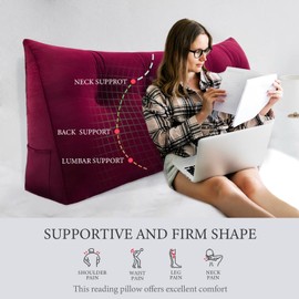 8 lbs Thickened Twin Wedge Pillow Headboard College Dorm Bed Velvet Wedge Pillow Backrest Triangular Headboard Pillows with Side Pocket, Dorm Bedding Essentials for Girls & Boys, Wine Red