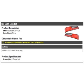 Marketplace Auto Parts Tail Light Lens - Set of 2 - Compatible with 1987-1993 Ford Mustang