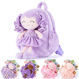 Gloveleya 11 Inches Toddler Backpack Baby Girl Gift Plush Bag Featuring Curly-Haired Doll Design with Silver Heart Accents in Soft Purple