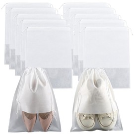 SOFPLATE 10 Pack 17.3 x 12.6 inch Drawstring Pouch Shoe Storage Bags with Window White Large Portable Non-woven Fabric Shoe Bag Pouches for Home Travel Essentials Cosmetic Toiletry Packing Suitcase