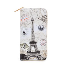 Premium Eiffel Tower & Map Print PU Leather Long Continental Zip Around Wallet