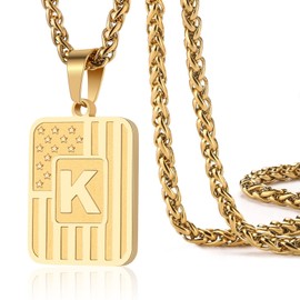 DuoDiner Letter K Initial Necklaces for Men, American Flag Pendent Chain Stainless Steel Dog Tag Male Necklace Jewelry Gifts (Gold)
