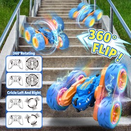 SpringFlower Remote Control Car Toy for Boys 3 4 5 6 7 8 Years Olds, Rechargeable Dinosaur RC Cars,360° Flip Double Sided RC Stunt Cars with Led Light, Dinosaur Toys for Kids Birthday Xmas Gifts,Blue