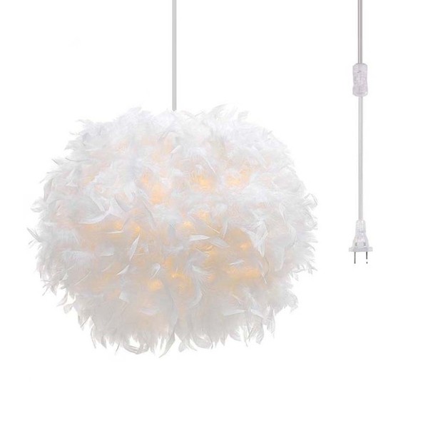 Surpars House Plug in Pendant Light White Feather Chandelier with 14.8' Cord and On/Off Switch in Line