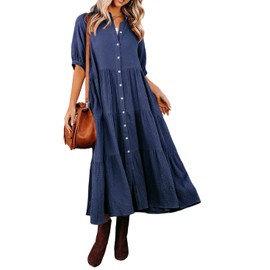 R.Vivimos Women's Summer Cotton Half Sleeves Button Down Casual Loose Slit Midi Dress with Pockets (Medium, NavyBlue)