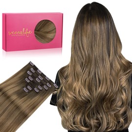 WENNALIFE Clip in Hair Extensions Real Human Hair, 20 Inch 120g 7pcs Human Hair Extensions Clip In Human Hair, Light Ash Brown to Warm Chocolate Highlighted Caramel Blonde Hair Extensions Clip In Real