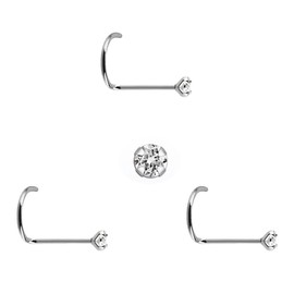 DENI 3 Sterling Silver Nose Studs with Very Small Stone of 1mm Cubic Zirconia with Stunning Shine and Curved Stem, Thickness 0.6mm, Length 6.5mm, Standard Size, 6.5mm Largo, Silver, No Gemstone