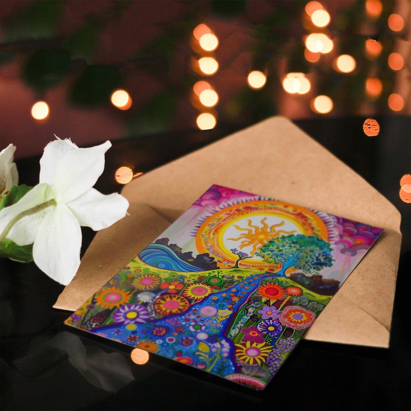 Artery8 Bright Colourful Hippy Artwork Flowers Sun Trees Greeting Birthday