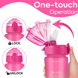 OLDLEY Kids Water Bottle with Straw 15 oz BPA-Free Leak-Proof Motivational Water Bottles with Time Marker for School Sports Travel Gym, Easy to Use for Girls Goys, 1 Straw Lid, Rose-Red Green
