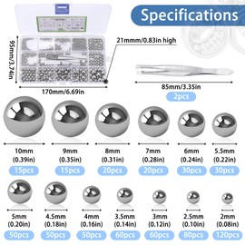 Pack of 600 Ball Bearings, Steel Balls, 13 Sizes, Stainless Steel Balls, 2 mm - 10 mm, Precision Metal Balls, Robust Round Stainless Steel Ball, Polished Ball Bearing Balls for Bicycles, Skateboard