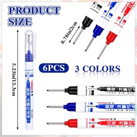 Gjinxi 6 Pcs Multi-purpose Deep Hole Marker Pens Long Deep Nib Markers 20mm Long Head Drill Markers Colorful Quick Dry Waterproof Carpenter Pens for Construction Bathroom Woodworking(Red Black Blue)