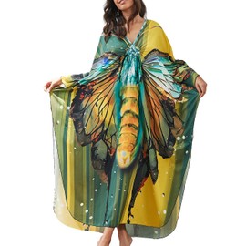Eddoyee Women Print Kaftan Half Sleeve Side Split Maxi Dress Plus Size Beach Bathing Suit Cover Ups with V Neck