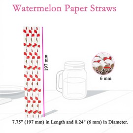 FOREVERIE Watermelon Paper Straws 100 Pack, 7.75-Inch (19.7 cm) Disposable Drinking Straws for Watermelon Theme Party, Birthday, Wedding, Red and White Design