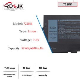 722KK Laptop Battery for Dell XPS 13 9300 i5 FHD I7-1065G7 XPS 13 9300 9310 9380 (2020 Edition) P117G P117G002 P117G001 Series 02XXFW 2XXFW 0WN0N0 WN0N0 FP86V 0FP86V 2ICP4/60/80-2 7.6V 52Wh 6800mAh