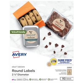 Avery Print-to-The-Edge Round Labels, Kraft Brown, 2.5 inch Diameter, Pack of 90 (22818)