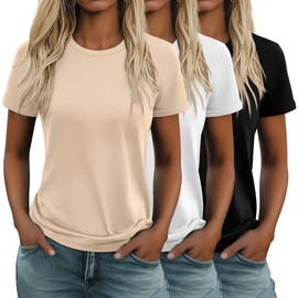 Huukeay 3 Pack Women's Cotton T Shirts Casual Short Sleeve Tunic Tops Crewneck Summer Plain Basic Loose Fit Tee(Black, White, Light Khaki,Medium)