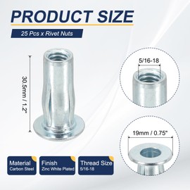 PATIKIL 25 Pcs Multi-Grip Rivet Nuts, 5/16-18 Pre-Bulbed Shank Flat Head Threaded Insert Nuts Carbon Steel Plus Nuts Zinc White Plated for Fastener