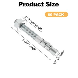 EATHEATY 60 PCS 1/2" x 3-3/4" Concrete Anchors - Standard Heavy Duty Cement Anchor Bolts for Concrete - Metal M12 Expansion Concretes Fasteners Wall Anchors Cement