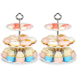 NWK NWK Pack of 2 Large Stable 3-Tier Cupcake Stand 30cm Height Plastic Cake Stand Food Round Display for Wedding Birthday Graduation Afternoon Tea Party (Silver, Large)
