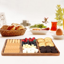 16"x10" Large Wooden Serving Tray with Dividers Fruit Platter for Parties Food Trays for Veggie,Cookies,Cheese Dip Divided Tray Snack Plate Candy Dish Dessert Wood Condiment Sectional Party Platters