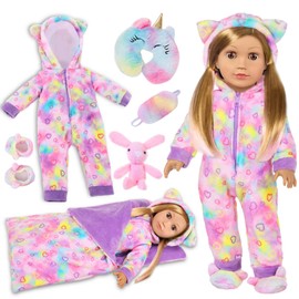 American 18" Doll Clothes and Sleep Bag Accessories,Sleepover Outfit Set Fits 18 Inch Dolls Include Rainbow Costume,Unicorn Style Pillow,Eye Mask,Shoes,Stuffed Animal Toy Gifts for Girls (No Doll)