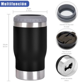 Enfriador de bebidas de 4 en 1, Porta caguama de 14 onzas con destapador, Termo para cerveza con dos tapas, Porta cerveza de acero inoxidable 304, Para lata estándar, botella de cerveza, Negro