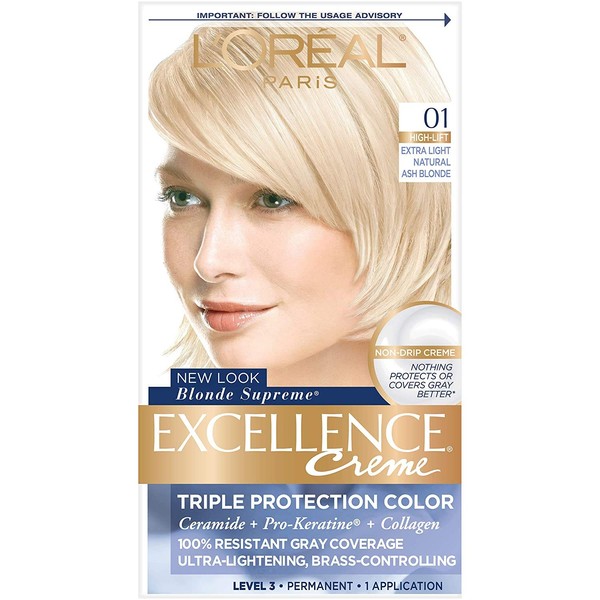 L'Oreal Paris Excellence Creme Permanent Hair Color, 01 Extra Light Ash Blonde, 100 percent Gray Coverage Hair Dye, Pack of 1