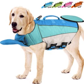EMUST Large Dog Life Jacket, Adjustable Swimming Vest With High Flotation, Rescue Handle, Blue, XXL
