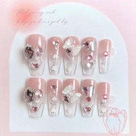 Nail Tip, Long Nail Tip, 24 Pieces, Japanese Style, Dreamy, Glitter, Nail Tip, Long, Pink, Gal, Shiny, Bride, 3D, Fake Nails, Handmade Nail Tip, Korea, Popular, Stylish, Gel Nail Stickers, Coming of