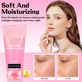 Josmon Collagen Night Wrapping Mask, Collagen Overnight Wrapping Peel Off Facial Mask for Elasticity Hydration, Reduce Sagging Dullness, Tight Skin, 2.53 fl.oz Brush Included, Pink