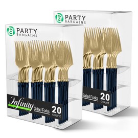 Party Bargains Disposable Plastic Navy Gold Salad Forks, Infinity Modern Design Utensils, 40 Pack