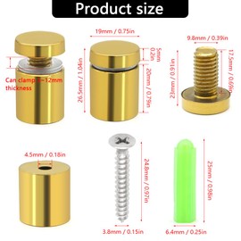KtbeYTi 8 Pcs Golden Advertising Screw Nails 19 x 25 mm Stainless Steel Sign Standoff Screws, Standoff Fixings for Glass, Advertisement, with Screws and Rubber Plug