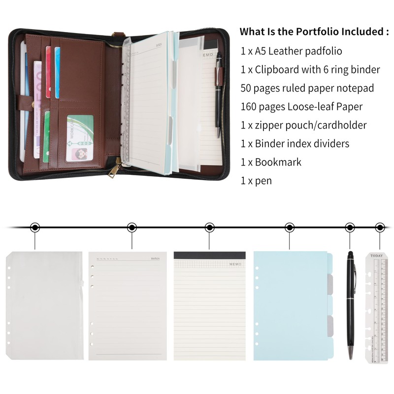 Wason Portfolio A5 Binder Journal with Zipper - Leather pu